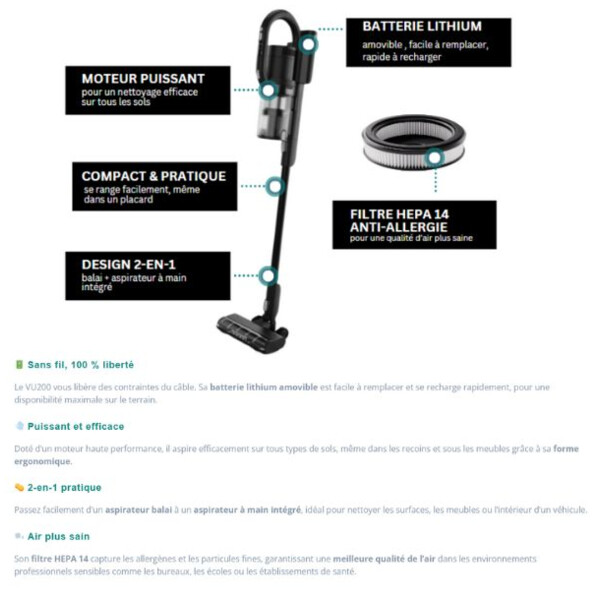 Aspirateur balai sans fil vu200 +1 batterie + 1 chargeur