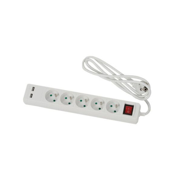 Bloc 5 prises + 2 prises usb blanc avec interrupteur - 1,5m cable h05vvf 3g1
