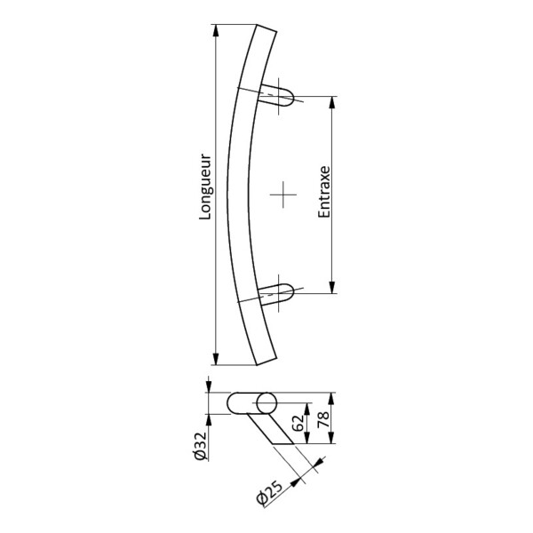 Poignée de tirage cintré simple ø32mm incliné inox
