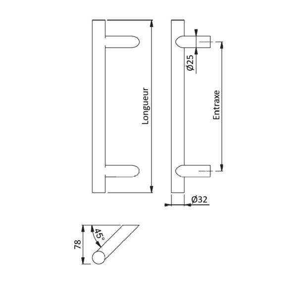 Poignée de tirage double ø32mm incliné inox