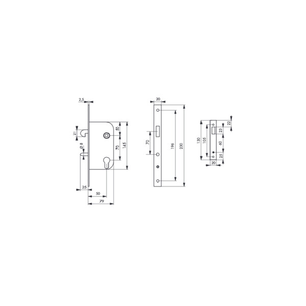 Serrure à larder à mentonnet axe 50