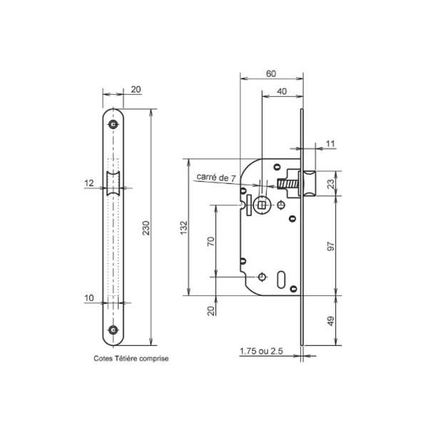 Serrure à larder axe 40 bec de cane
